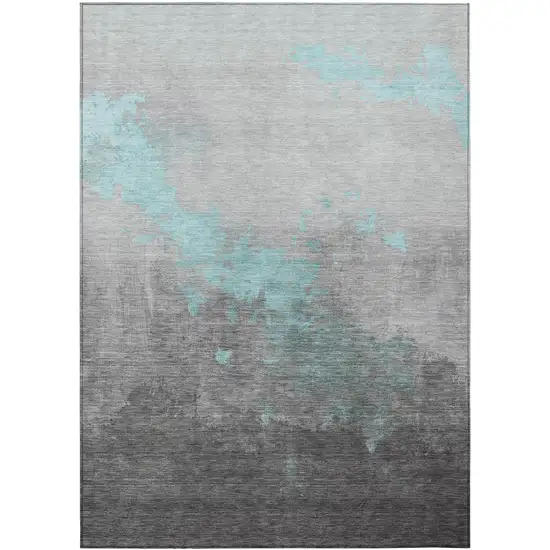 Teal Blue And Charcoal Abstract Washable Indoor Outdoor Area Rug Photo 1