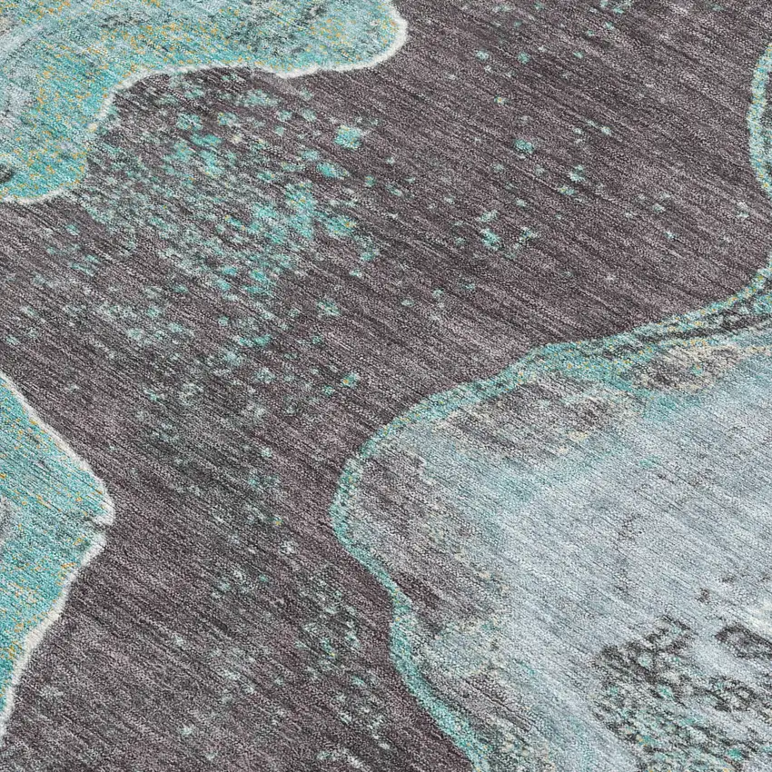 Teal Blue And Charcoal Abstract Washable Indoor Outdoor Area Rug Photo 4