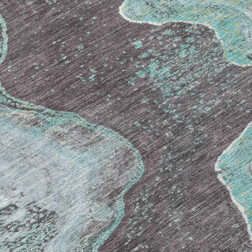 Teal Blue And Charcoal Abstract Washable Indoor Outdoor Area Rug Photo 1