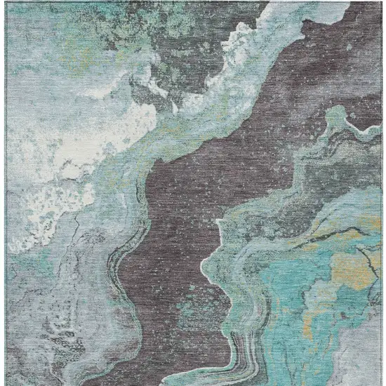 Teal Blue And Charcoal Abstract Washable Indoor Outdoor Area Rug Photo 7