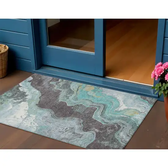 Teal Blue And Charcoal Abstract Washable Indoor Outdoor Area Rug Photo 2