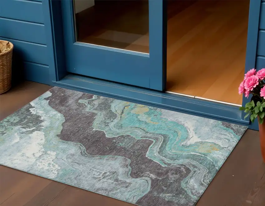 Teal Blue And Charcoal Abstract Washable Indoor Outdoor Area Rug Photo 2