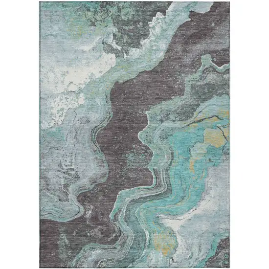 Teal Blue And Charcoal Abstract Washable Indoor Outdoor Area Rug Photo 9