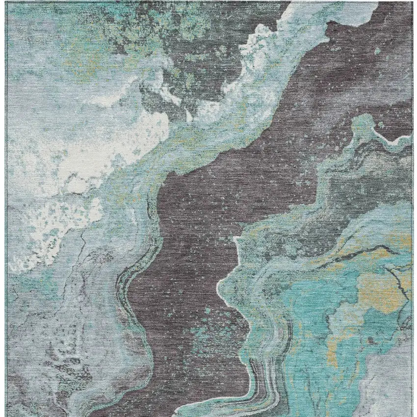 Teal Blue And Charcoal Abstract Washable Indoor Outdoor Area Rug Photo 7