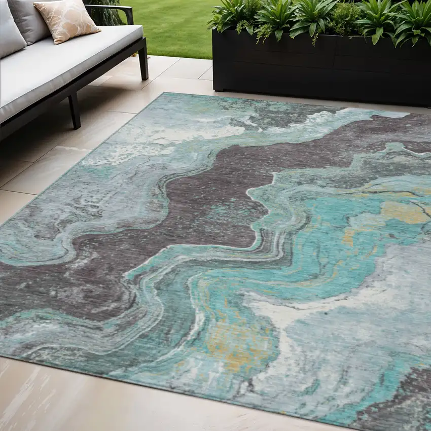 Teal Blue And Charcoal Abstract Washable Indoor Outdoor Area Rug Photo 2