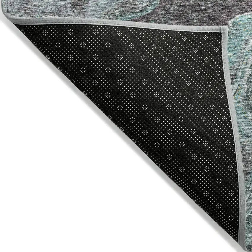 Teal Blue And Charcoal Abstract Washable Indoor Outdoor Area Rug Photo 9
