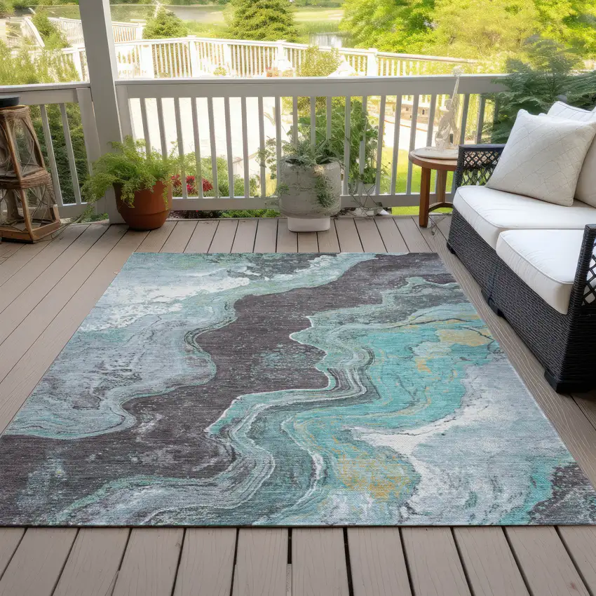 Teal Blue And Charcoal Abstract Washable Indoor Outdoor Area Rug Photo 8