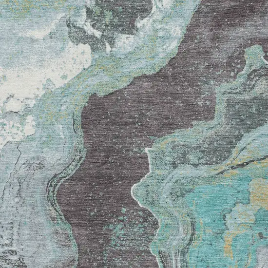 Teal Blue And Charcoal Abstract Washable Indoor Outdoor Area Rug Photo 8