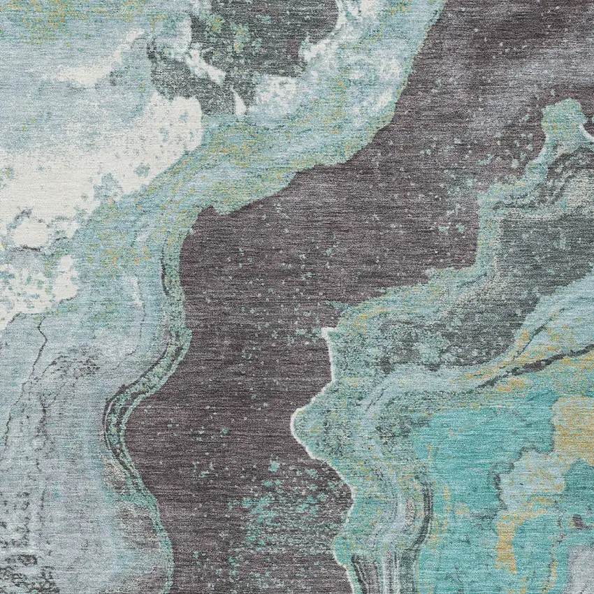 Teal Blue And Charcoal Abstract Washable Indoor Outdoor Area Rug Photo 8