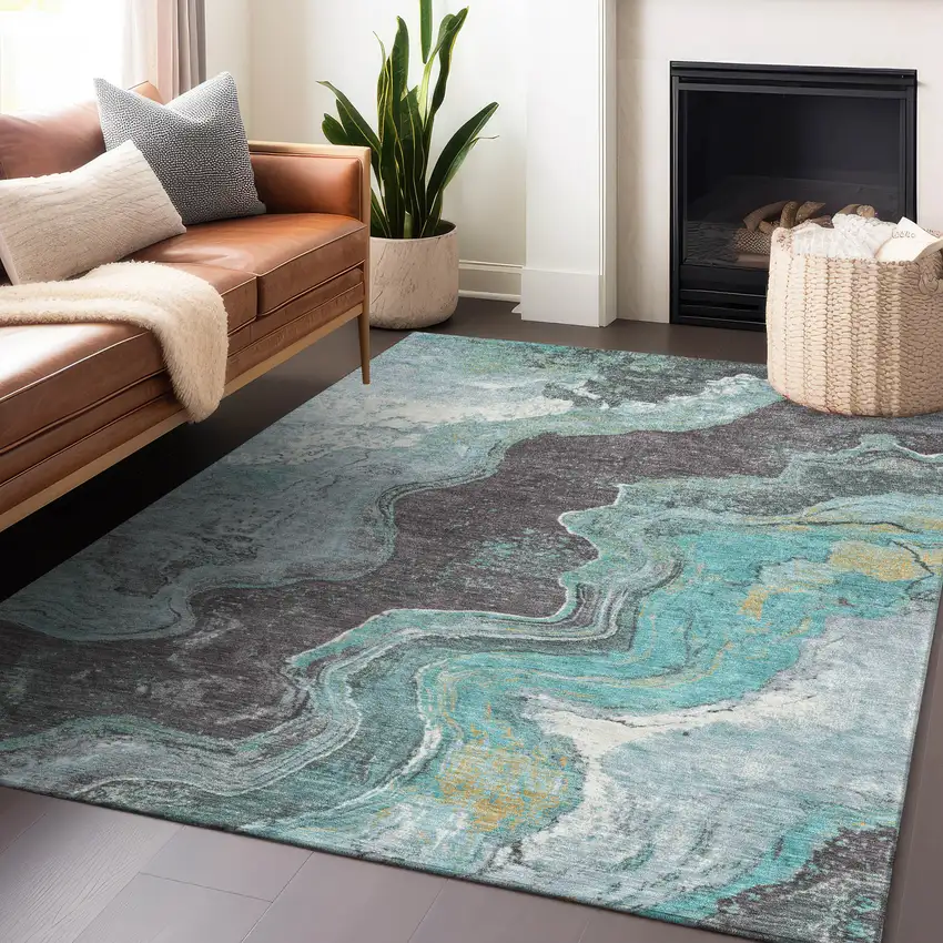 Teal Blue And Charcoal Abstract Washable Indoor Outdoor Area Rug Photo 6