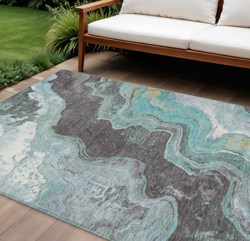 Teal Blue And Charcoal Abstract Washable Indoor Outdoor Area Rug Photo 2