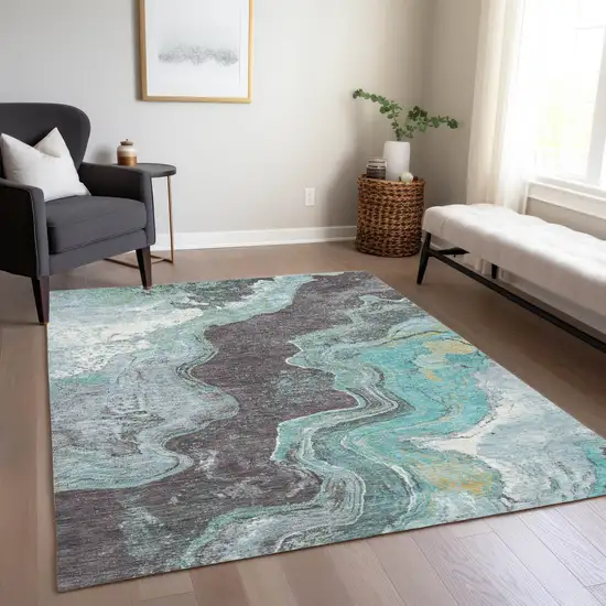 Teal Blue And Charcoal Abstract Washable Indoor Outdoor Area Rug Photo 7