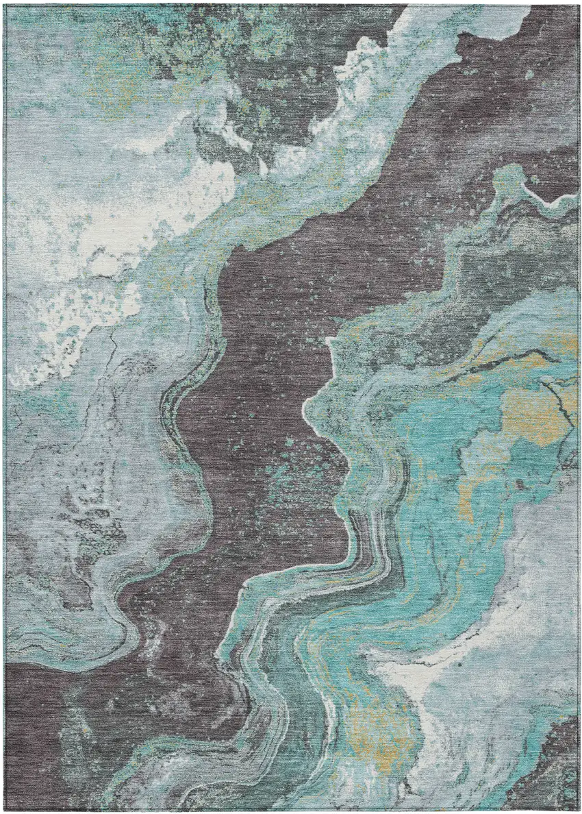 Teal Blue And Charcoal Abstract Washable Indoor Outdoor Area Rug Photo 9