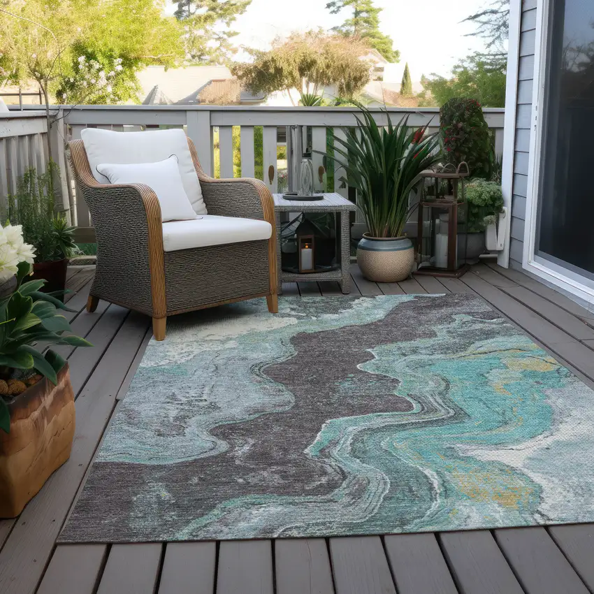 Teal Blue And Charcoal Abstract Washable Indoor Outdoor Area Rug Photo 5