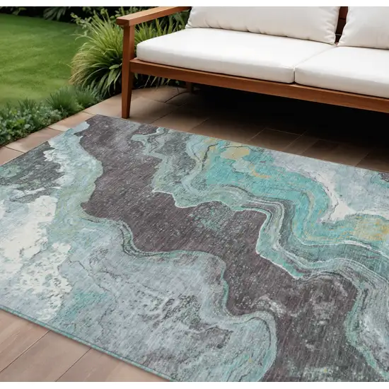 Teal Blue And Charcoal Abstract Washable Indoor Outdoor Area Rug Photo 2