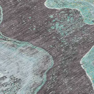 Photo of Teal Blue And Charcoal Abstract Washable Indoor Outdoor Area Rug