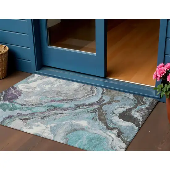 Teal Blue And Charcoal Abstract Washable Indoor Outdoor Area Rug Photo 2