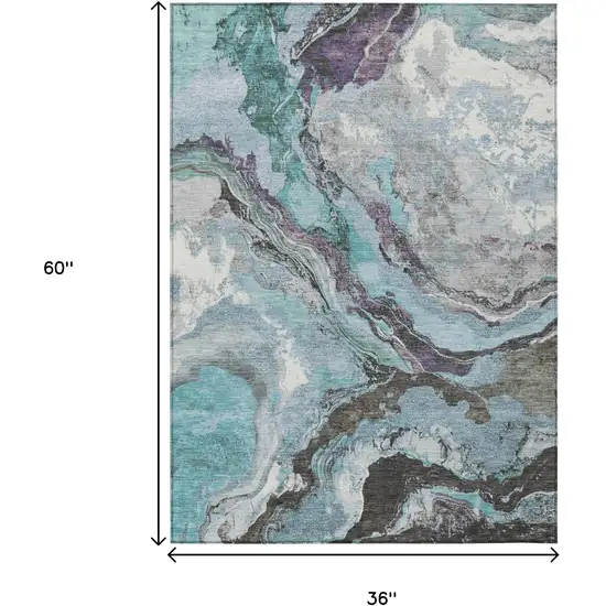 Teal Blue And Charcoal Abstract Washable Indoor Outdoor Area Rug Photo 9