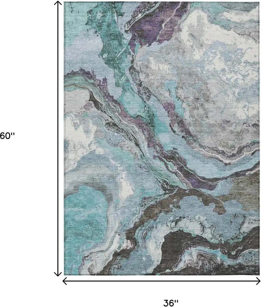 Teal Blue And Charcoal Abstract Washable Indoor Outdoor Area Rug Photo 9