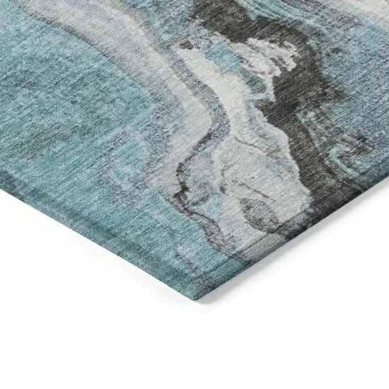 Teal Blue And Charcoal Abstract Washable Indoor Outdoor Area Rug Photo 9