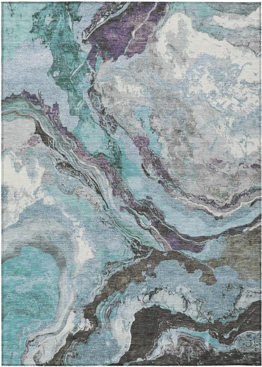 Teal Blue And Charcoal Abstract Washable Indoor Outdoor Area Rug Photo 8