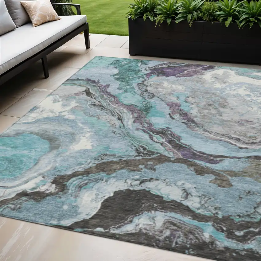 Teal Blue And Charcoal Abstract Washable Indoor Outdoor Area Rug Photo 2
