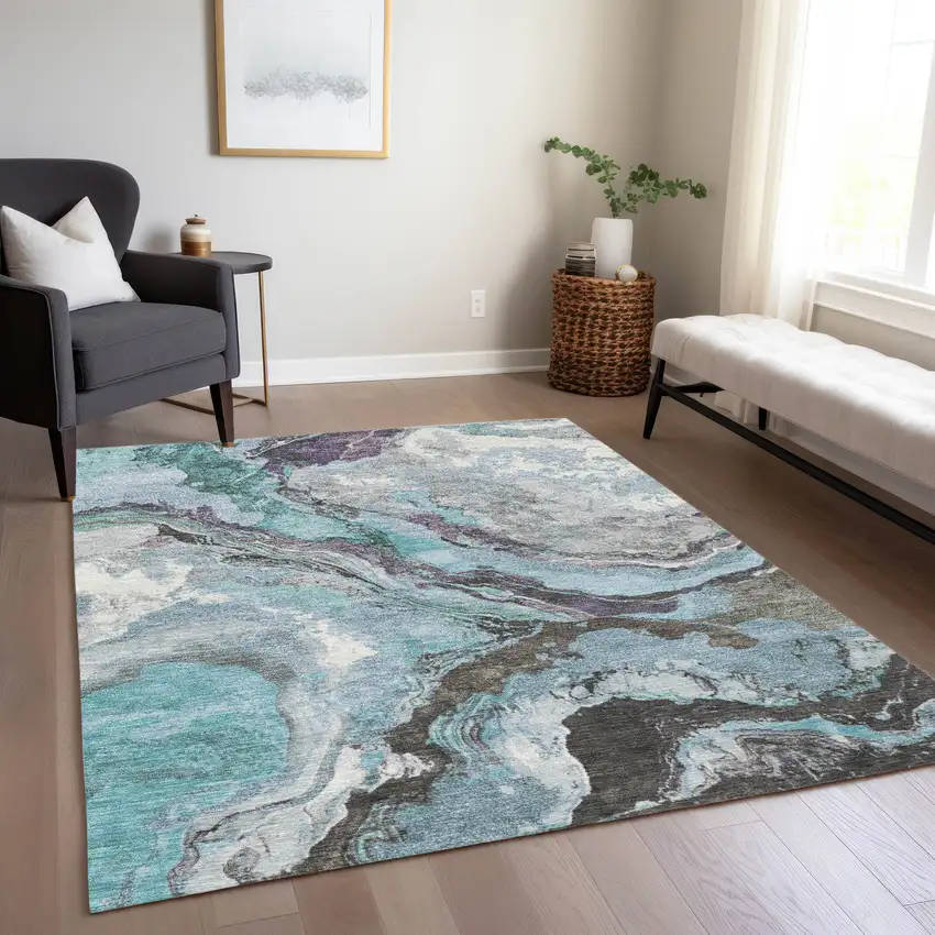 Teal Blue And Charcoal Abstract Washable Indoor Outdoor Area Rug Photo 7