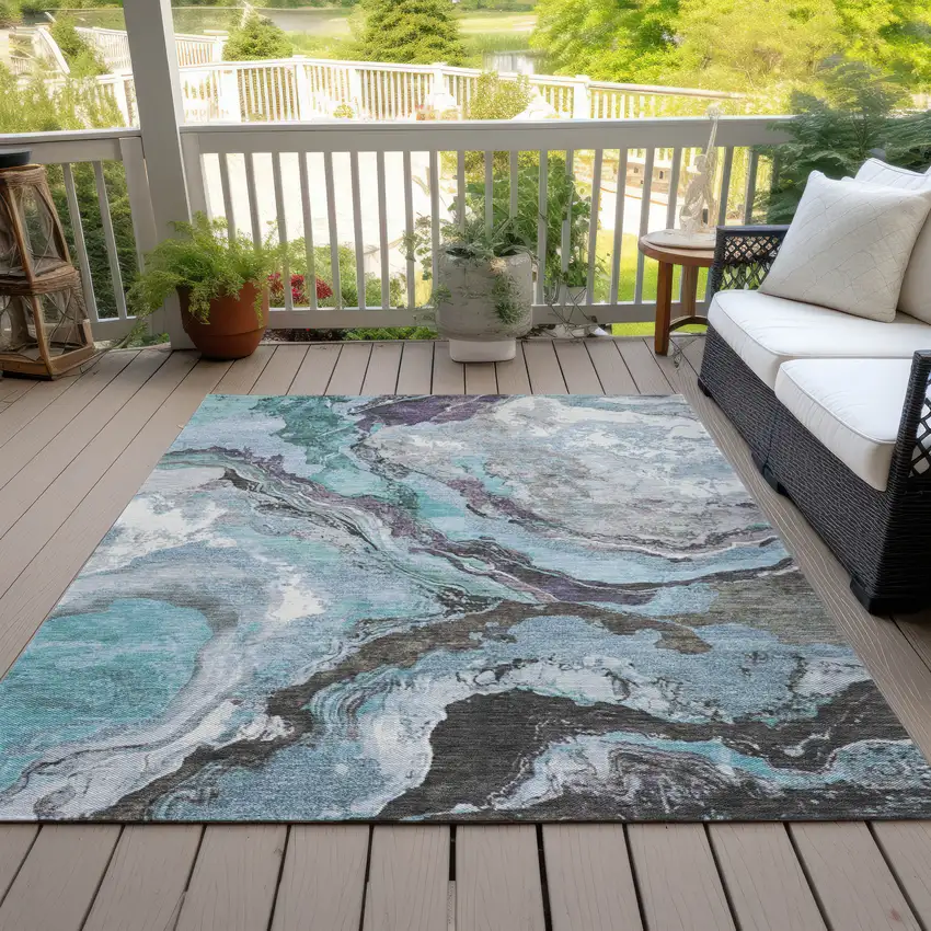 Teal Blue And Charcoal Abstract Washable Indoor Outdoor Area Rug Photo 8
