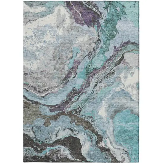 Teal Blue And Charcoal Abstract Washable Indoor Outdoor Area Rug Photo 6