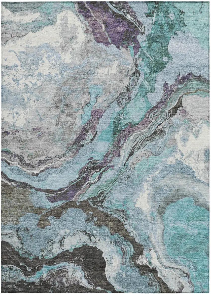 Teal Blue And Charcoal Abstract Washable Indoor Outdoor Area Rug Photo 6