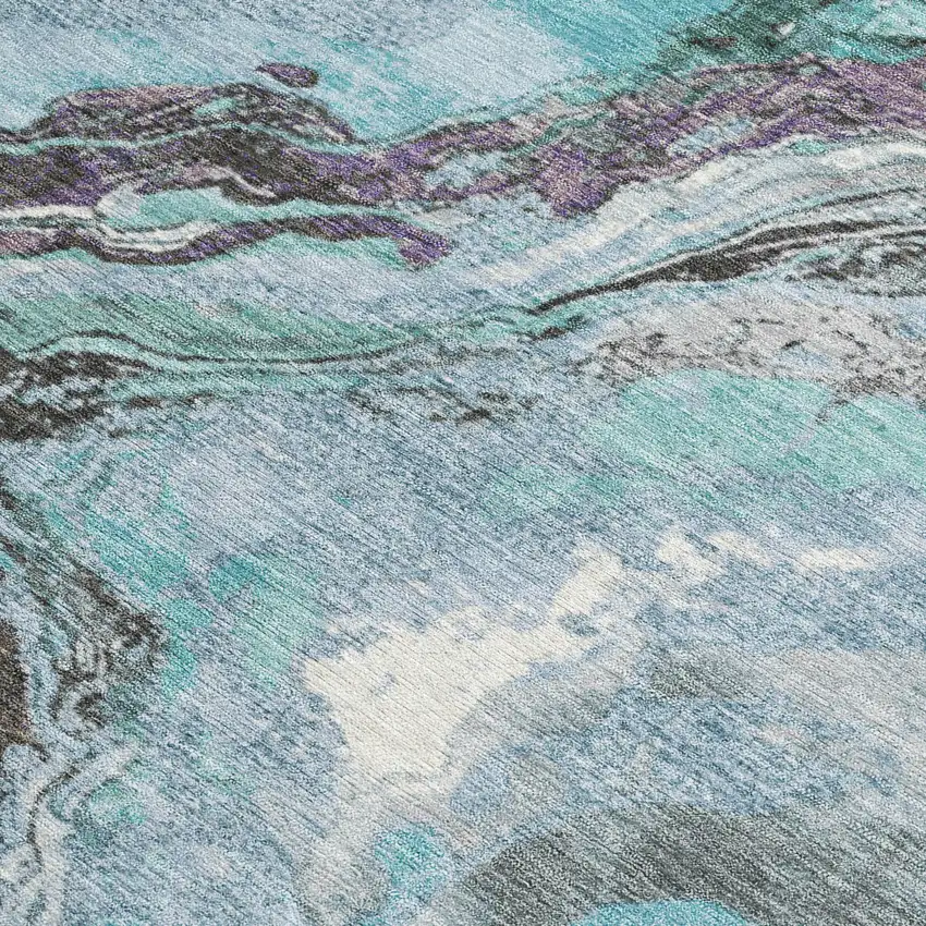 Teal Blue And Charcoal Abstract Washable Indoor Outdoor Area Rug Photo 4