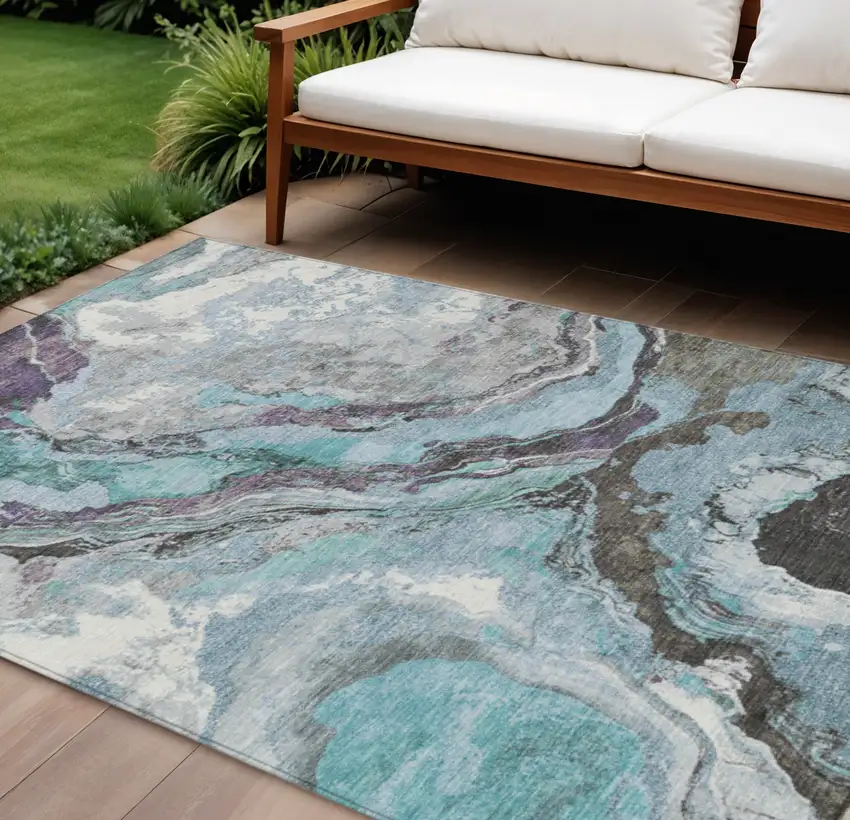 Teal Blue And Charcoal Abstract Washable Indoor Outdoor Area Rug Photo 2