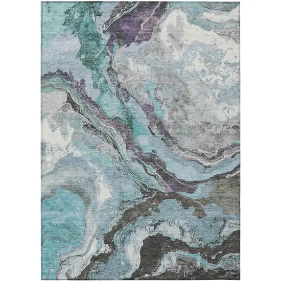 Teal Blue And Charcoal Abstract Washable Indoor Outdoor Area Rug Photo 9