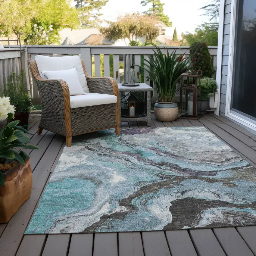 Teal Blue And Charcoal Abstract Washable Indoor Outdoor Area Rug Photo 5