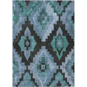 Photo of Teal Blue And Charcoal Aztec Washable Indoor Outdoor Area Rug