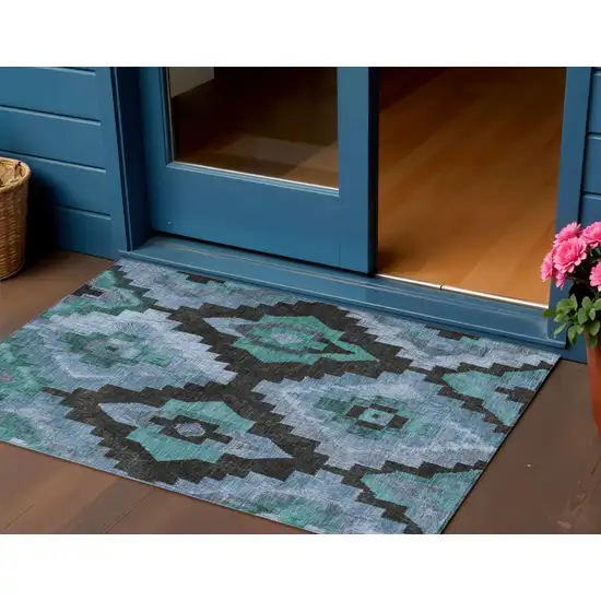 Teal Blue And Charcoal Aztec Washable Indoor Outdoor Area Rug Photo 2