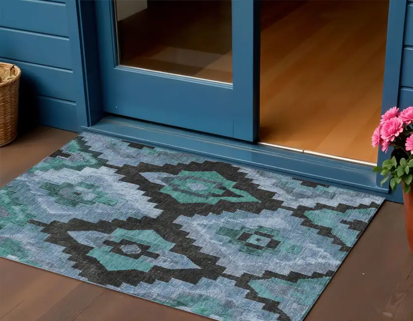 Teal Blue And Charcoal Aztec Washable Indoor Outdoor Area Rug Photo 2