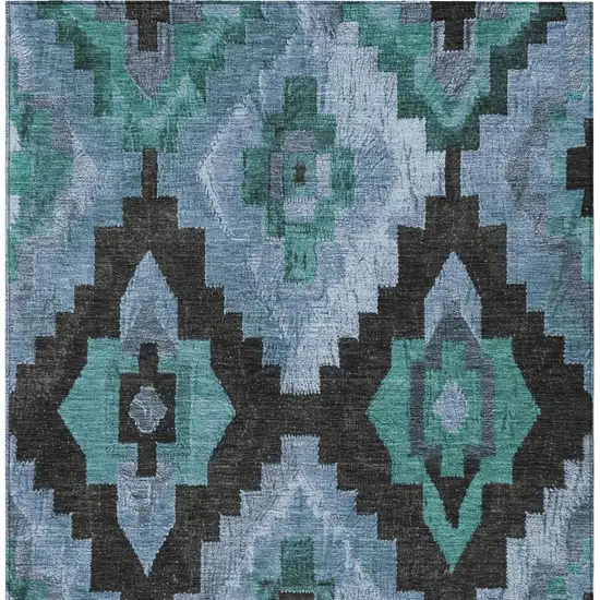 Teal Blue And Charcoal Aztec Washable Indoor Outdoor Area Rug Photo 9