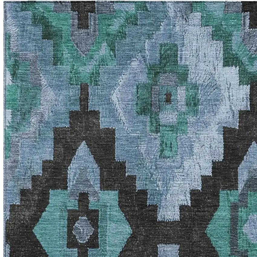 Teal Blue And Charcoal Aztec Washable Indoor Outdoor Area Rug Photo 3