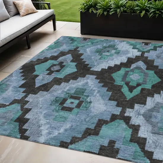 Teal Blue And Charcoal Aztec Washable Indoor Outdoor Area Rug Photo 2