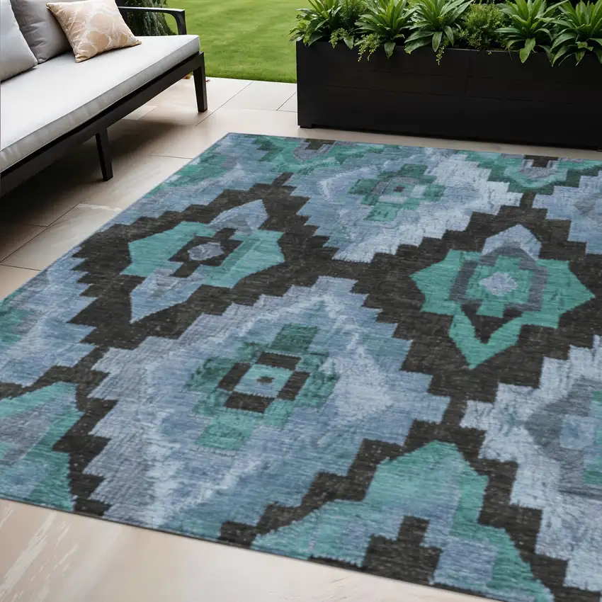 Teal Blue And Charcoal Aztec Washable Indoor Outdoor Area Rug Photo 2