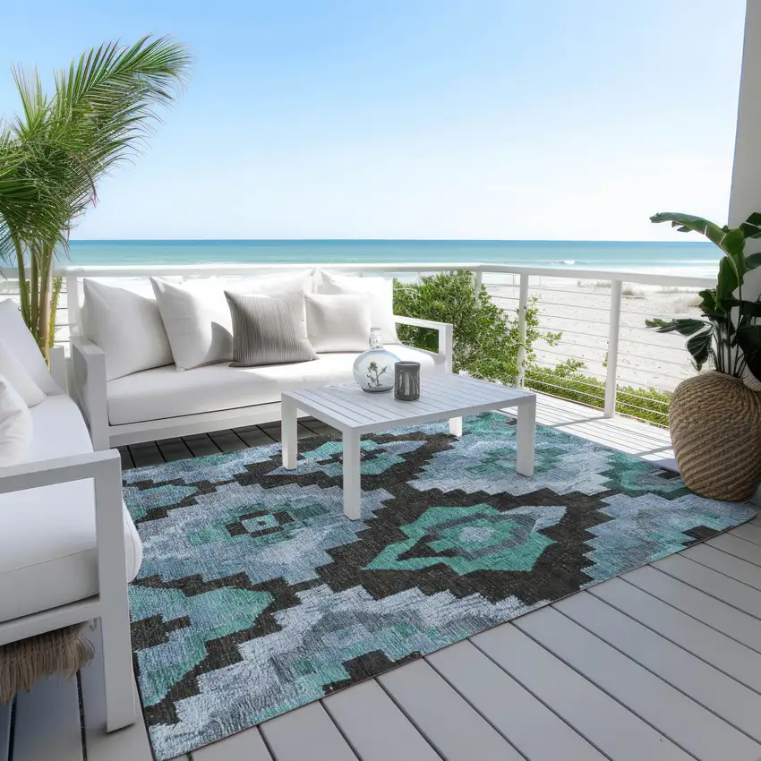 Teal Blue And Charcoal Aztec Washable Indoor Outdoor Area Rug Photo 5