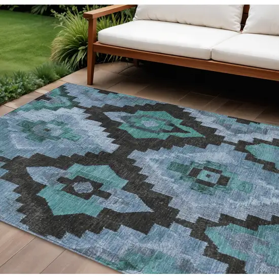 Teal Blue And Charcoal Aztec Washable Indoor Outdoor Area Rug Photo 2