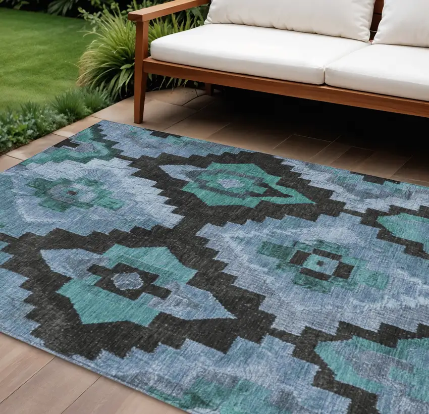 Teal Blue And Charcoal Aztec Washable Indoor Outdoor Area Rug Photo 2