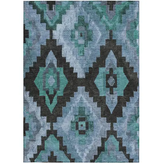 Teal Blue And Charcoal Aztec Washable Indoor Outdoor Area Rug Photo 3