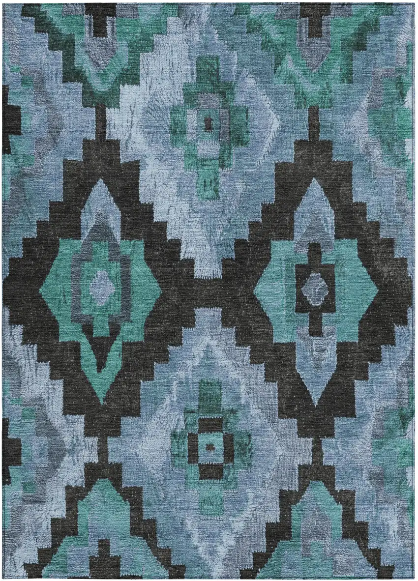 Teal Blue And Charcoal Aztec Washable Indoor Outdoor Area Rug Photo 3