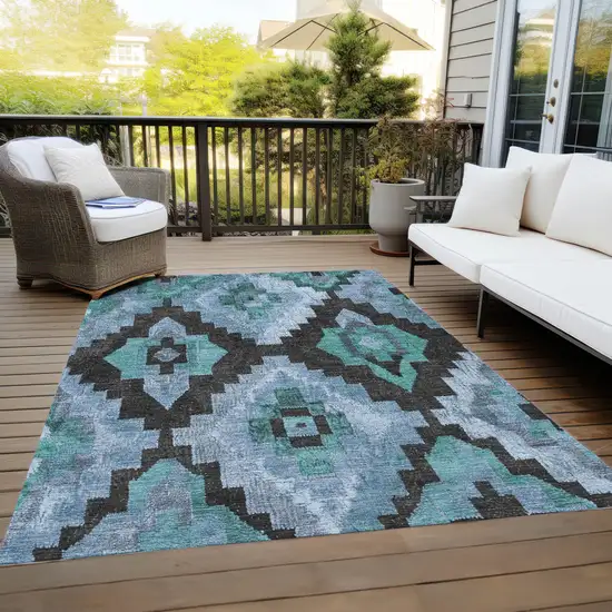 Teal Blue And Charcoal Aztec Washable Indoor Outdoor Area Rug Photo 8