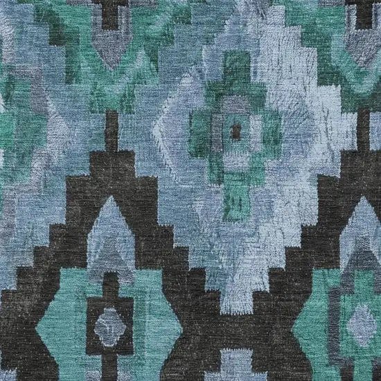 Teal Blue And Charcoal Aztec Washable Indoor Outdoor Area Rug Photo 4