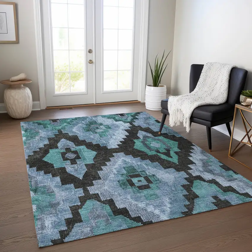Teal Blue And Charcoal Aztec Washable Indoor Outdoor Area Rug Photo 6