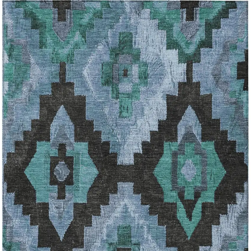 Teal Blue And Charcoal Aztec Washable Indoor Outdoor Area Rug Photo 9